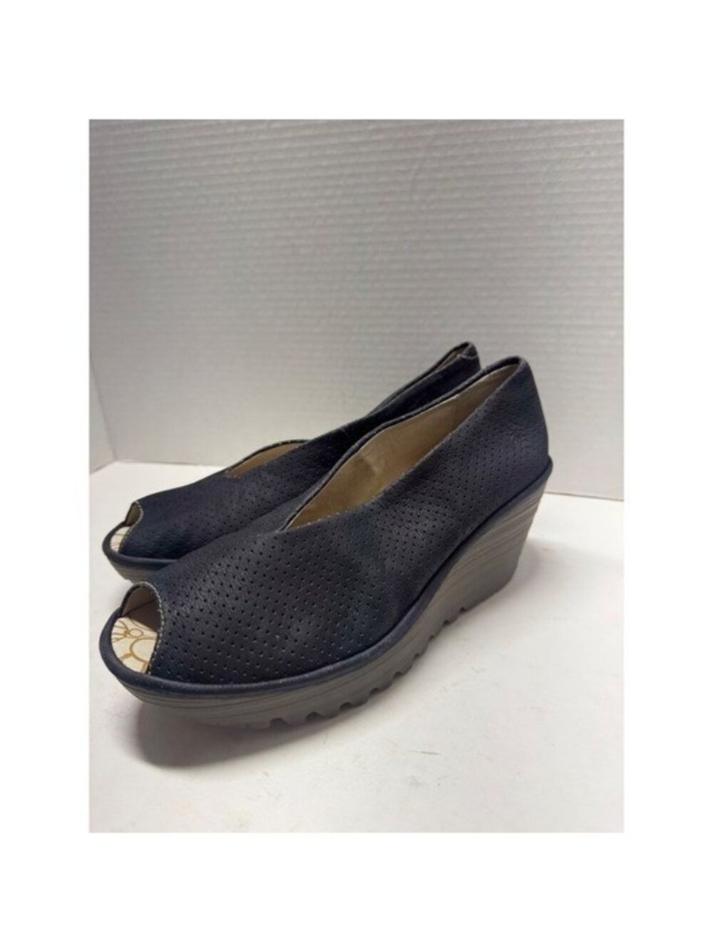 Fly London Yaya Navy Blue Black Perforated Leather Peep Toe Wedge Sandals 40 9